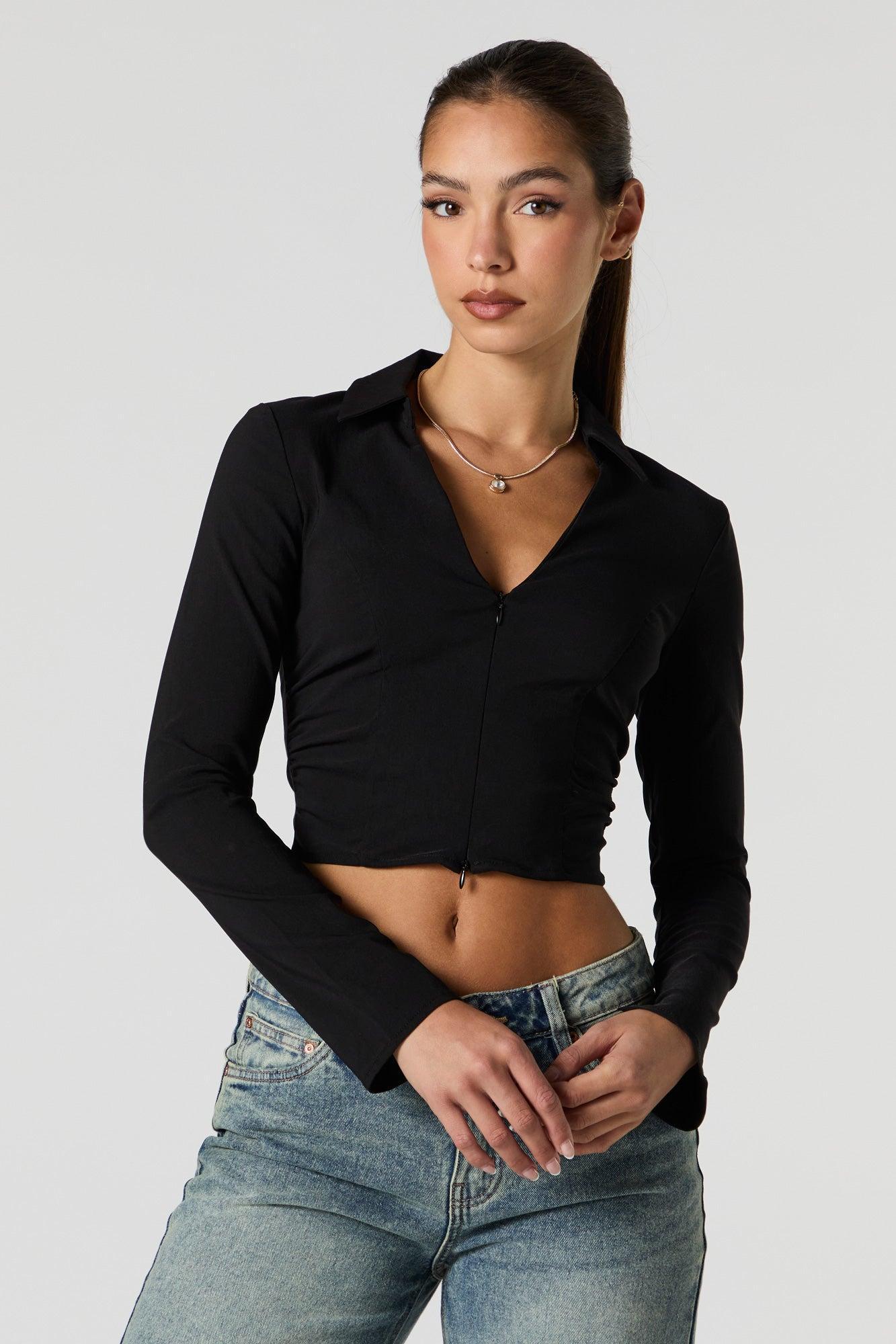 Zip-Up Collared Long Sleeve Crop Top Female Product Image