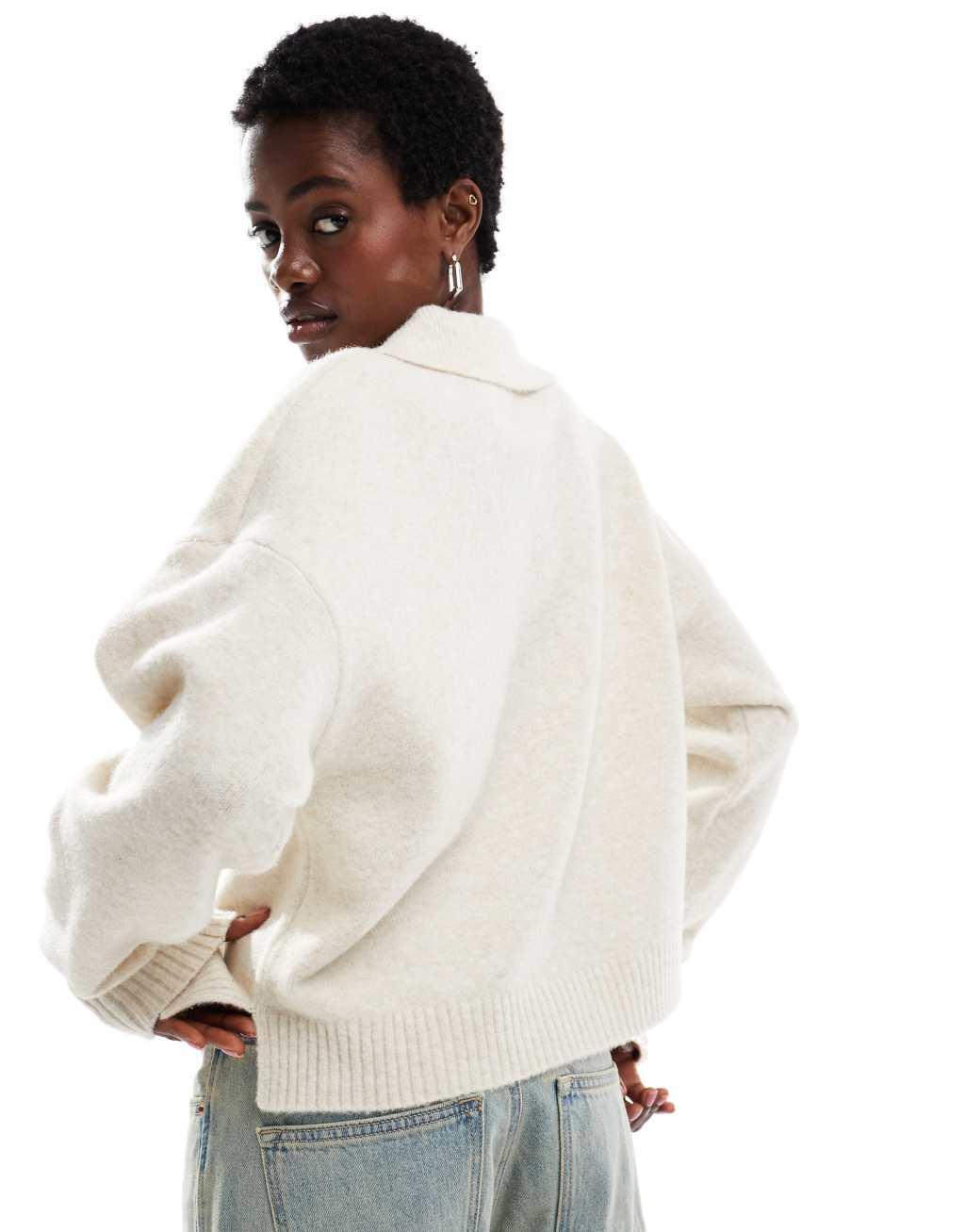 Monki knitted polo sweater in off-white Product Image