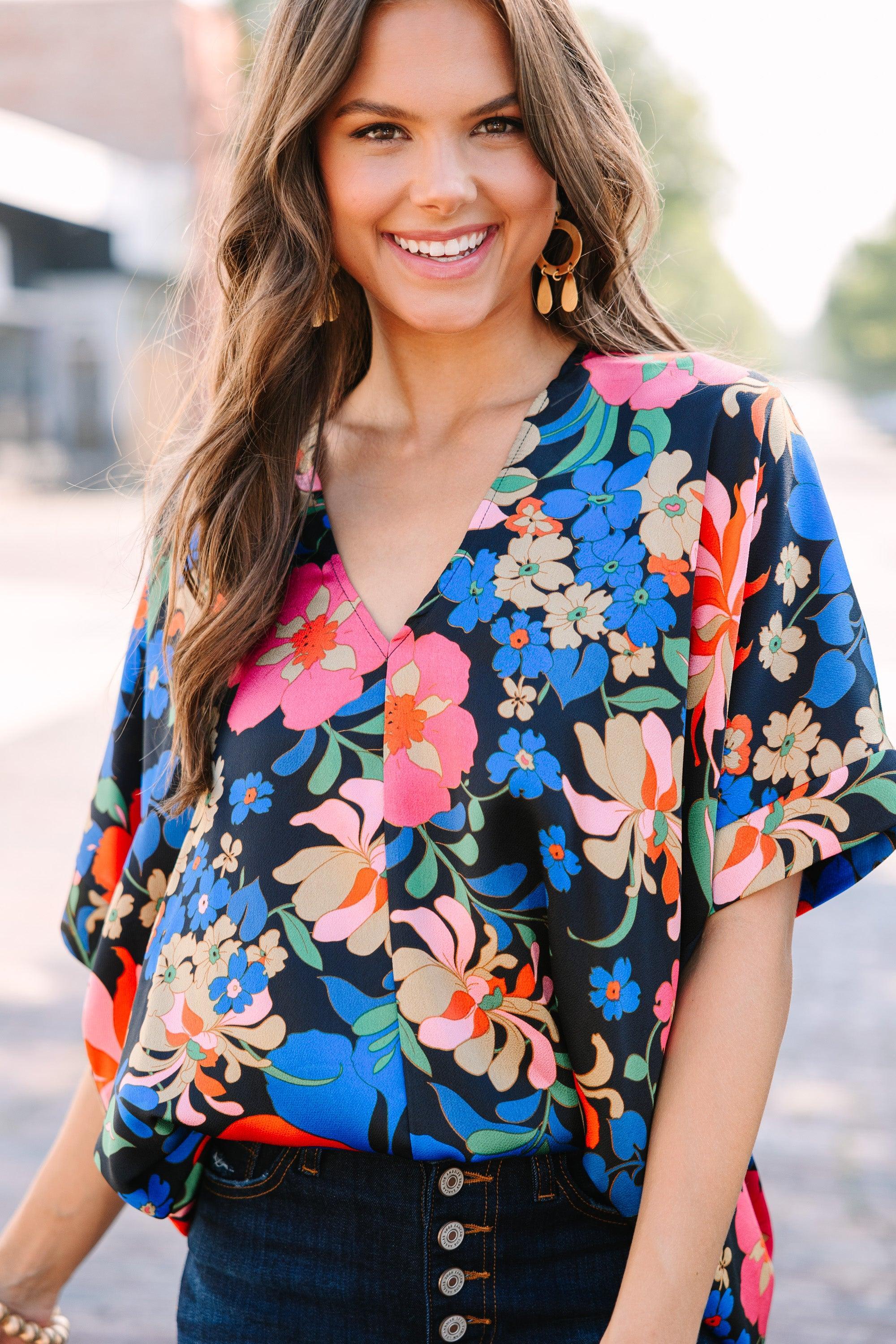 Start Looking Black and Red Floral Top Female Product Image