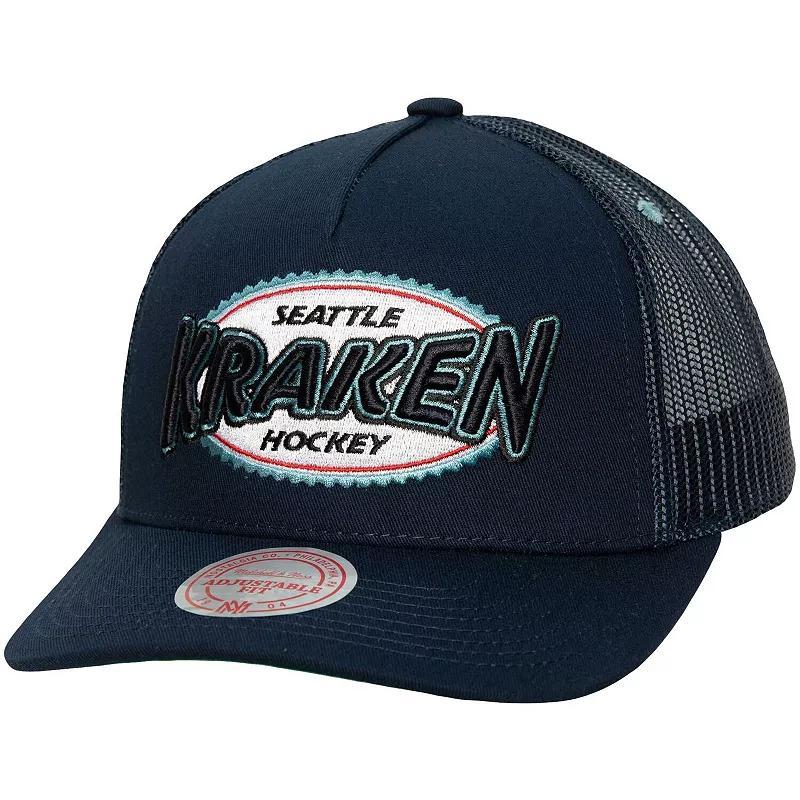 Mens Mitchell & Ness Navy Seattle Kraken Team Seal Trucker Snapback Hat Product Image