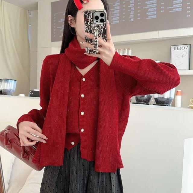 Set: V-Neck Plain Button Up Ribbed Knit Cardigan + Scarf Product Image