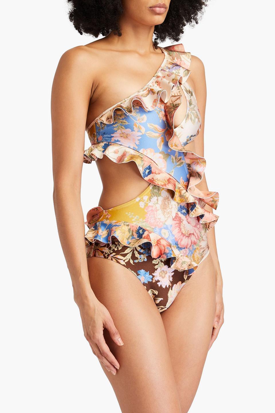 ZIMMERMANN Blue Floral-print Ruffle Swimsuit In Neutrals Product Image