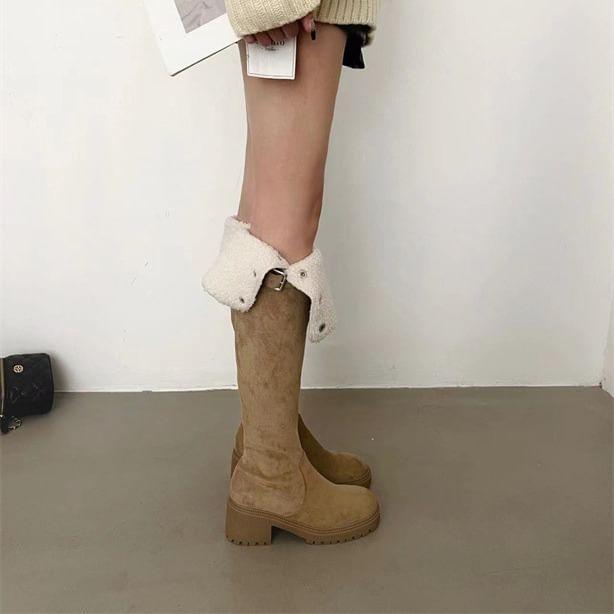 Chunky Heel Fleece-Lined Buckled Over-The-Knee Boots Product Image