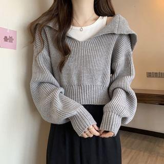 Cropped Sailor-Collar Loose Knit Sweater Product Image