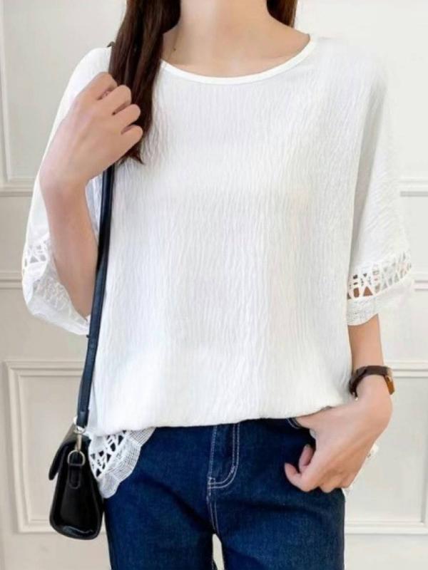 Flared Sleeves Half Sleeves Hollow Solid Color Round-Neck T-Shirts Tops Product Image