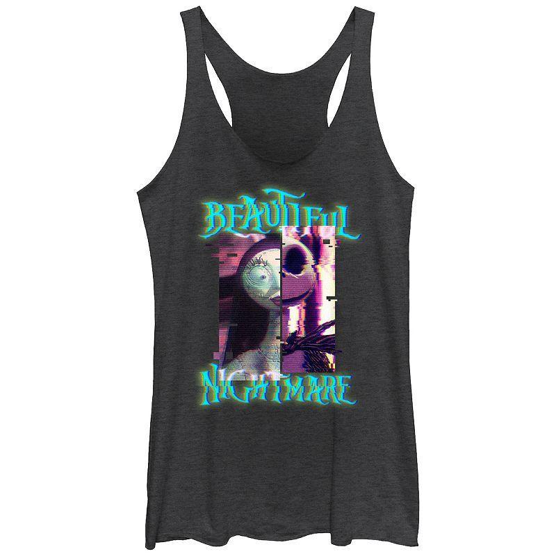 Disneys The Nightmare Before Christmas Womens Glitchy Nightmare Tri-Blend Racerback Tank Top, Girls Black Grey Product Image