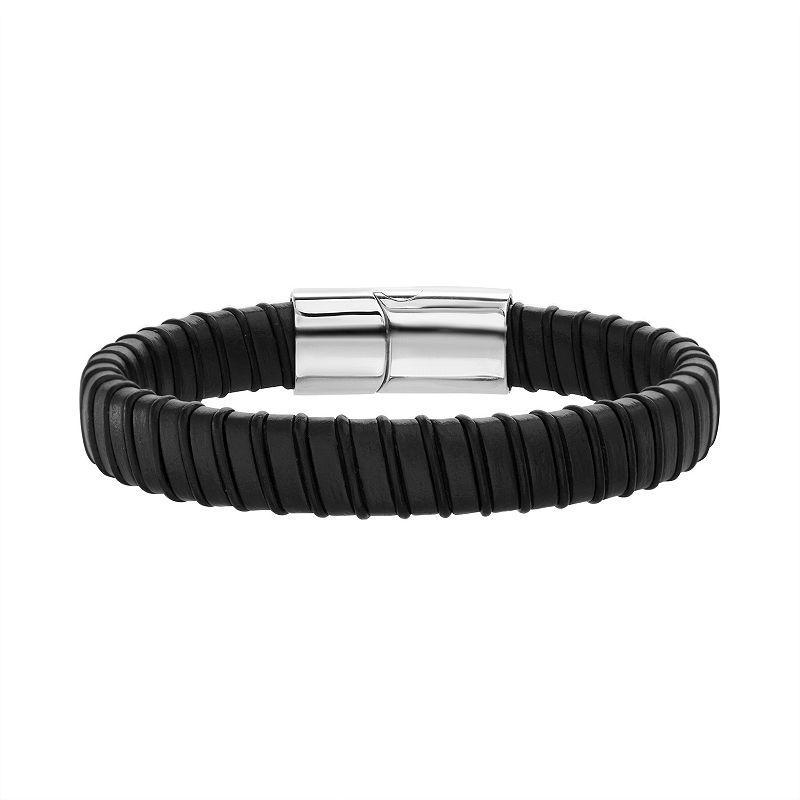 1913 Mens Black & Brown Ribbed Vegan Leather Bracelet with Stainless Steel Closure Multicolor Product Image