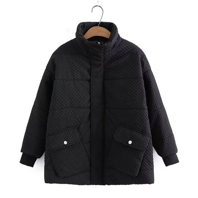 Plus Size Stand Collar Plain Padded Zip Jacket Product Image