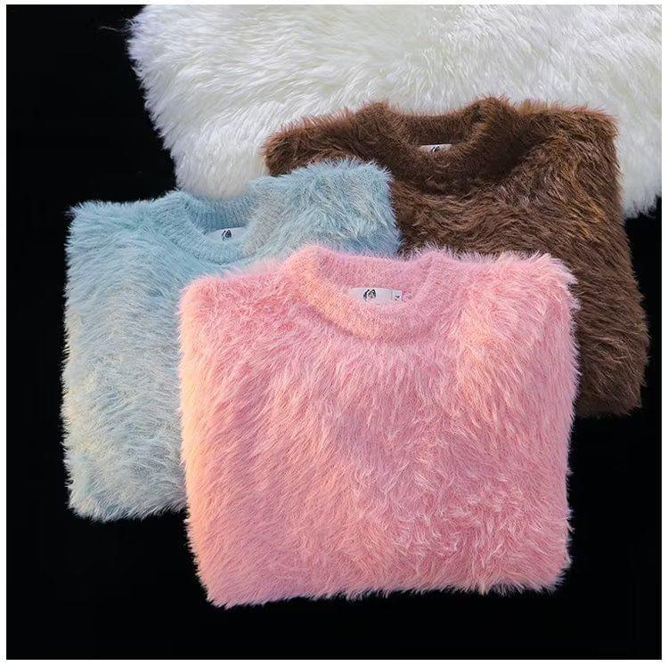 Crew Neck Plain Fluffy Sweater Product Image