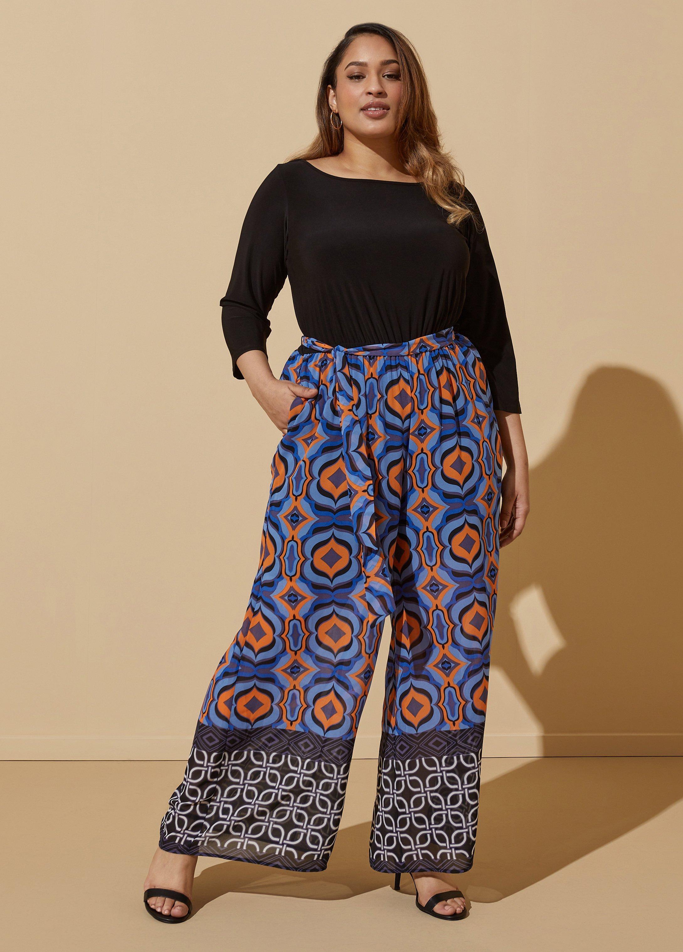 Plus Size Printed Paneled Wide Leg Jumpsuit Ashley Stewart Product Image