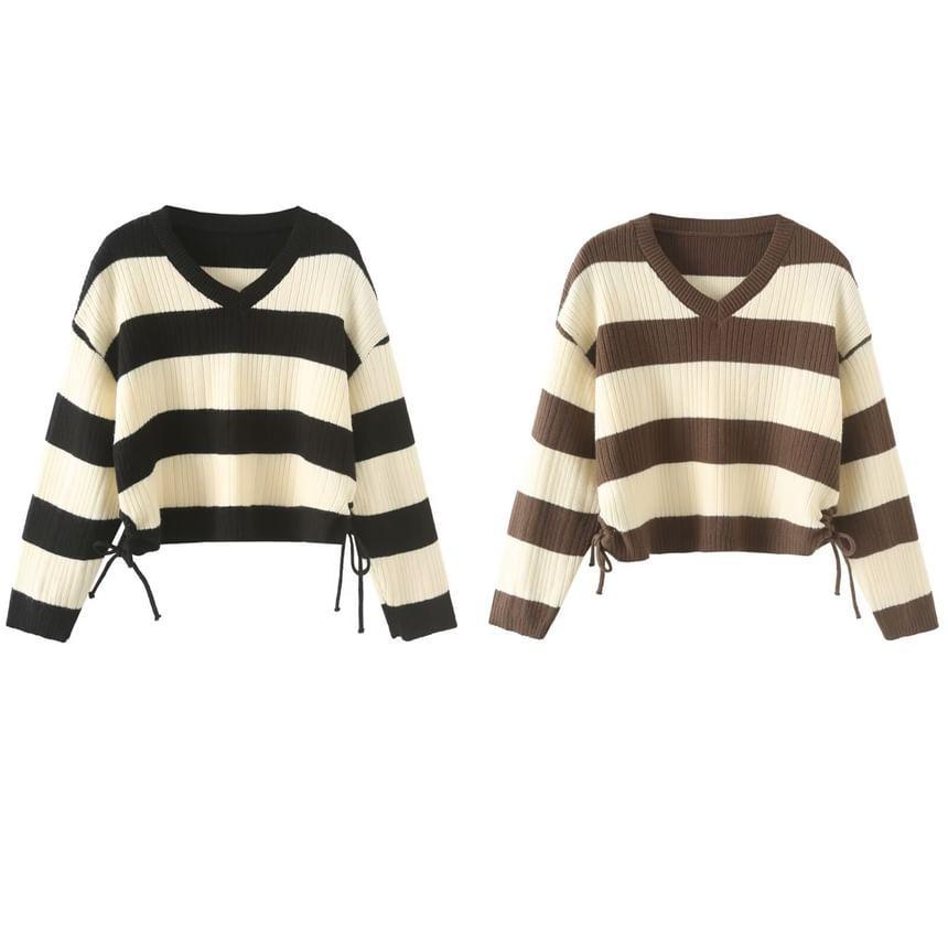 V-Neck Striped Drawstring Ribbed Sweater Product Image