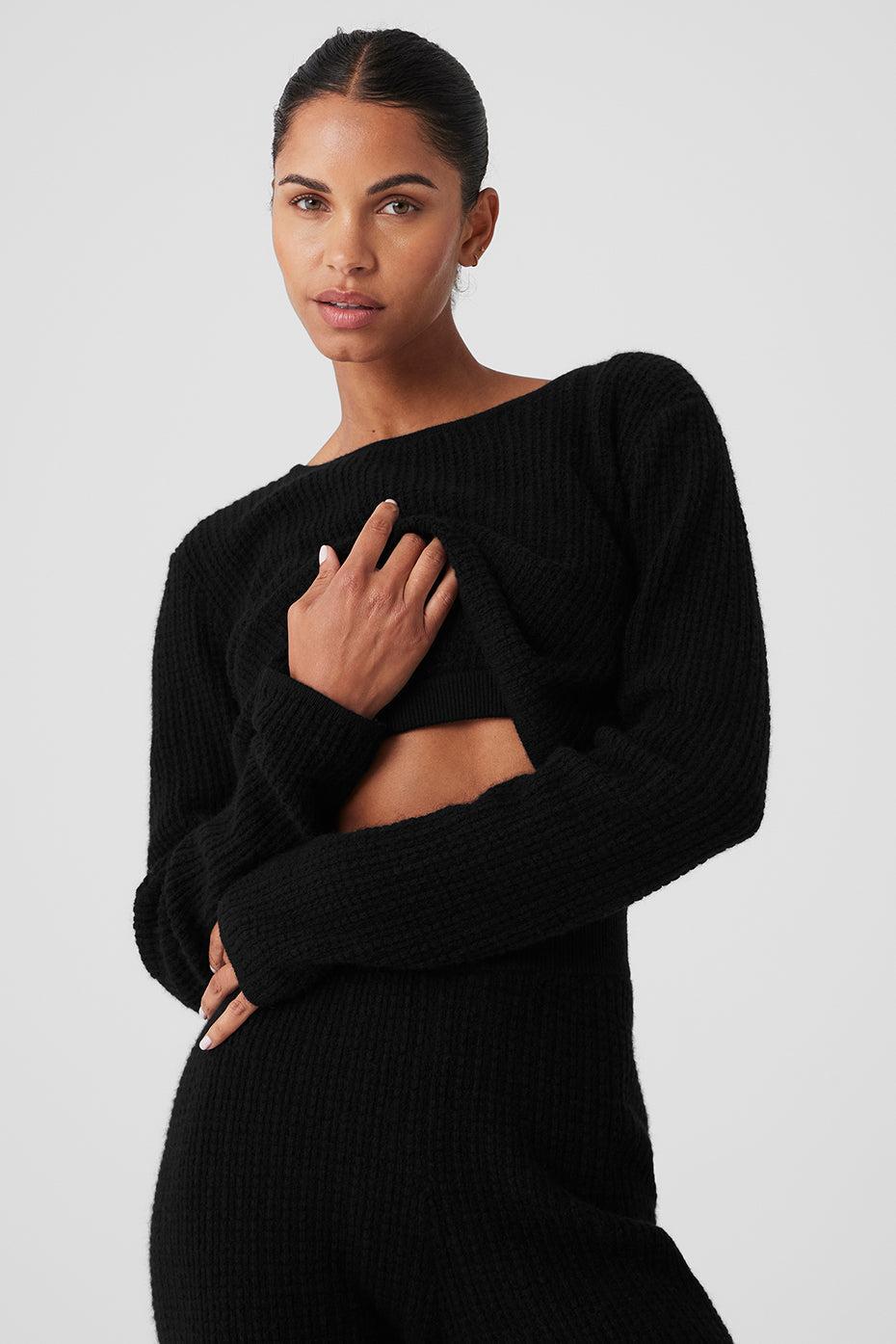 Cashmere Plush Waffle Cropped Long Sleeve - Black Product Image