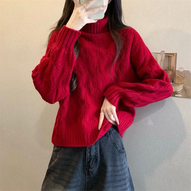 Turtleneck Plain Cable Knit Sweater Product Image