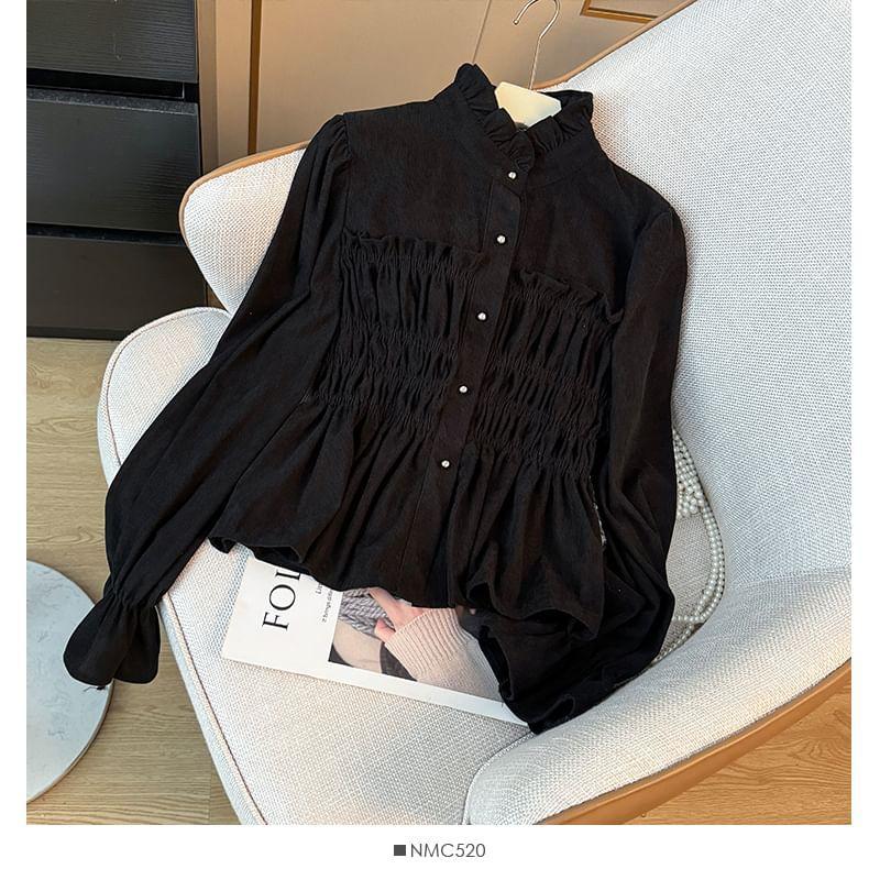 Ruffle-Trim Stand-Collar Smocked Shirt Product Image