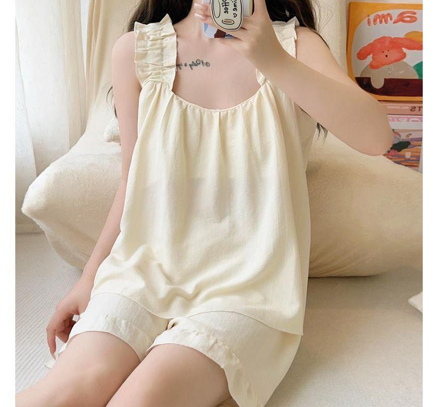 Pajama Set: Plain Ruffle Camisole Top + Shorts Product Image