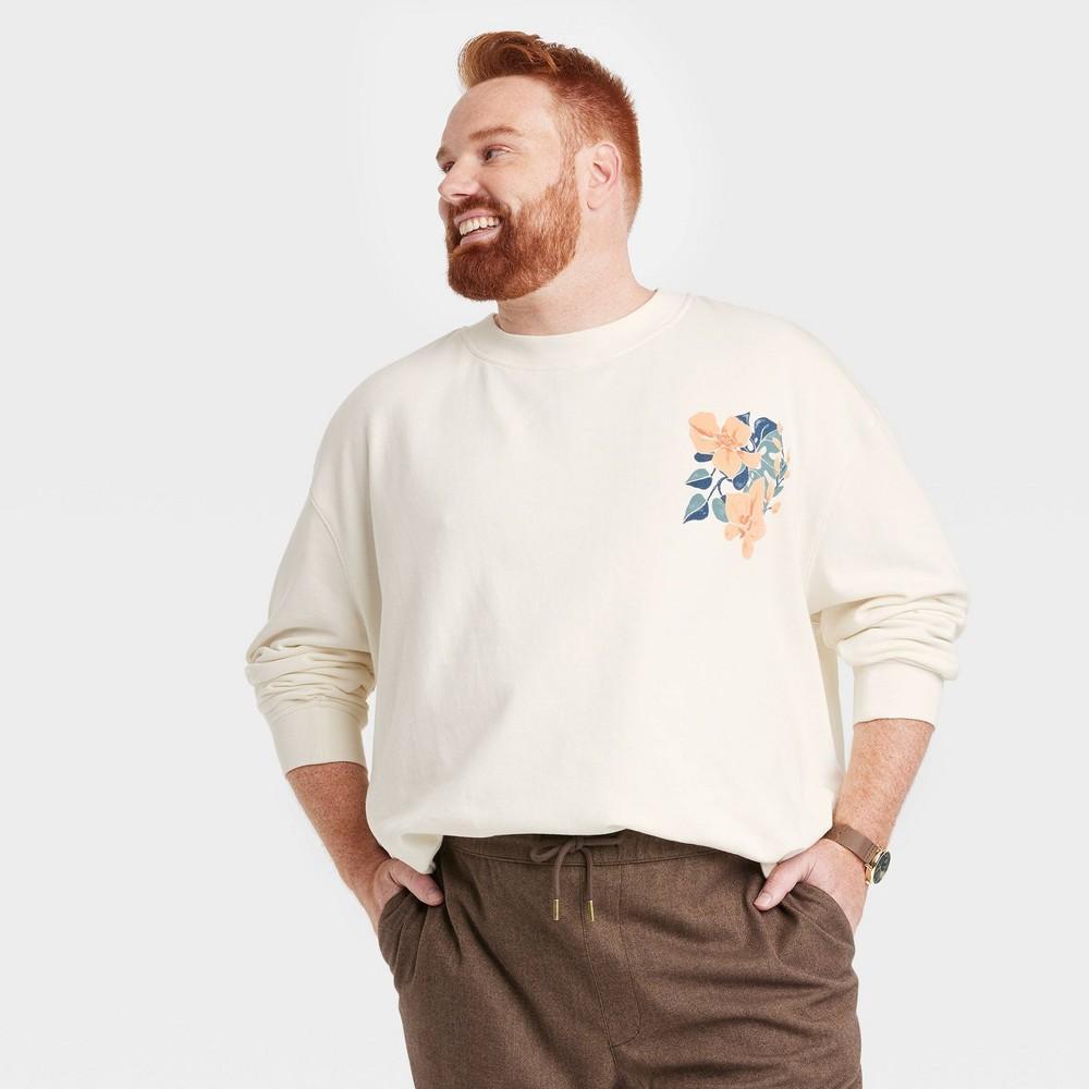 Mens Big & Tall Floral French Terry Crewneck Pullover Sweatshirt - Goodfellow & Co Beige 4XL Product Image