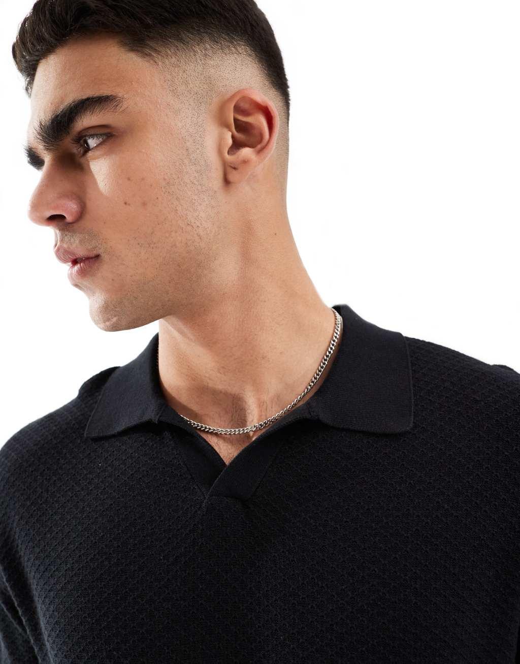 Cotton On long sleeve knitted polo lightweight sweater in black Product Image