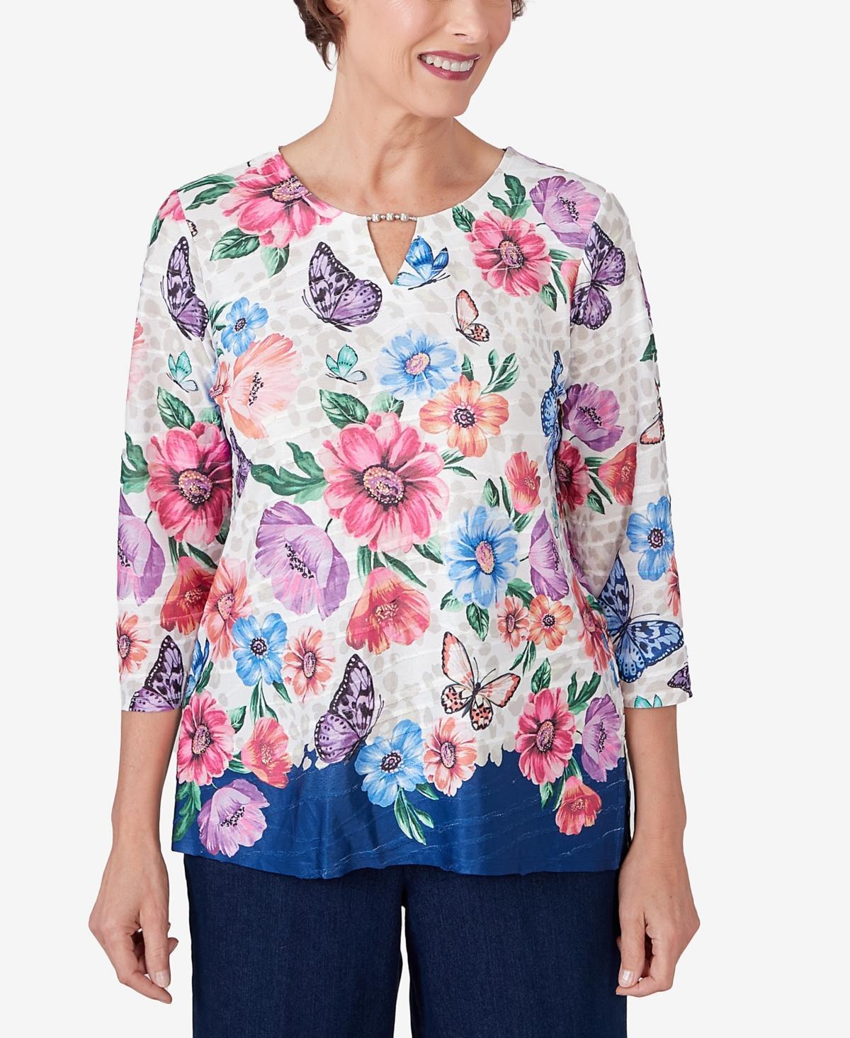 Alfred Dunner Womens In Full Bloom Floral Butterfly Border Split Neck Top Product Image