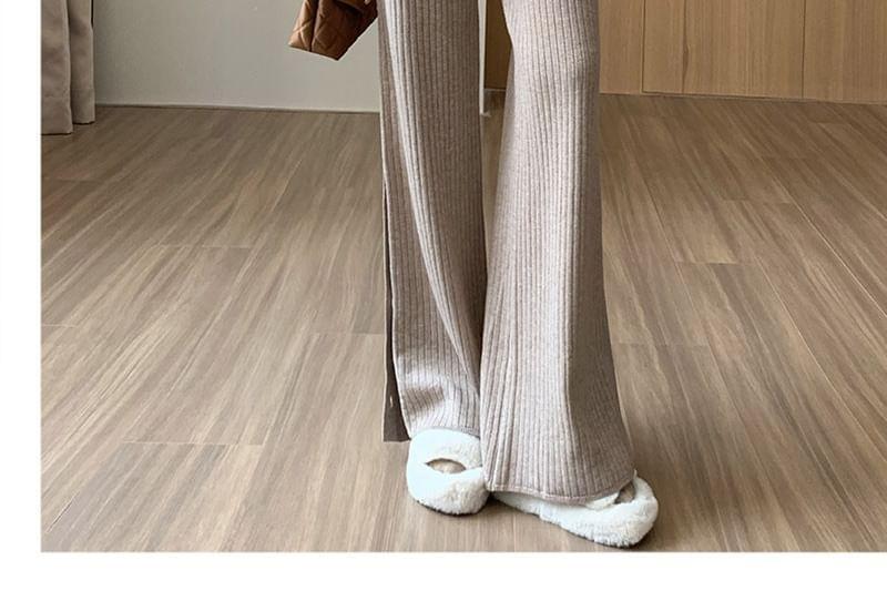 High Rise Button Hem Ribbed Wide Leg Knit Pants Product Image