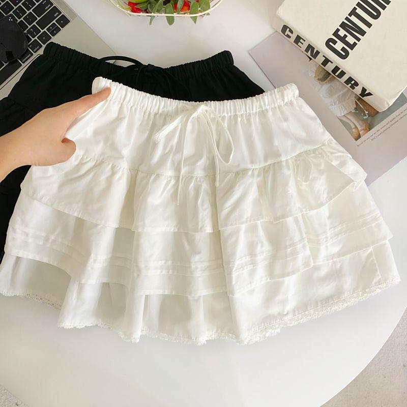 Drawstring Waist Plain Lace Trim Mini A-Line Skirt Product Image