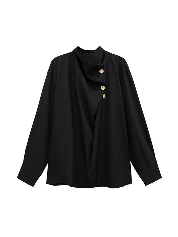 Long Sleeves Loose Asymmetric Buttoned Pleated Solid Color Split-Joint High Neck Blouses Product Image