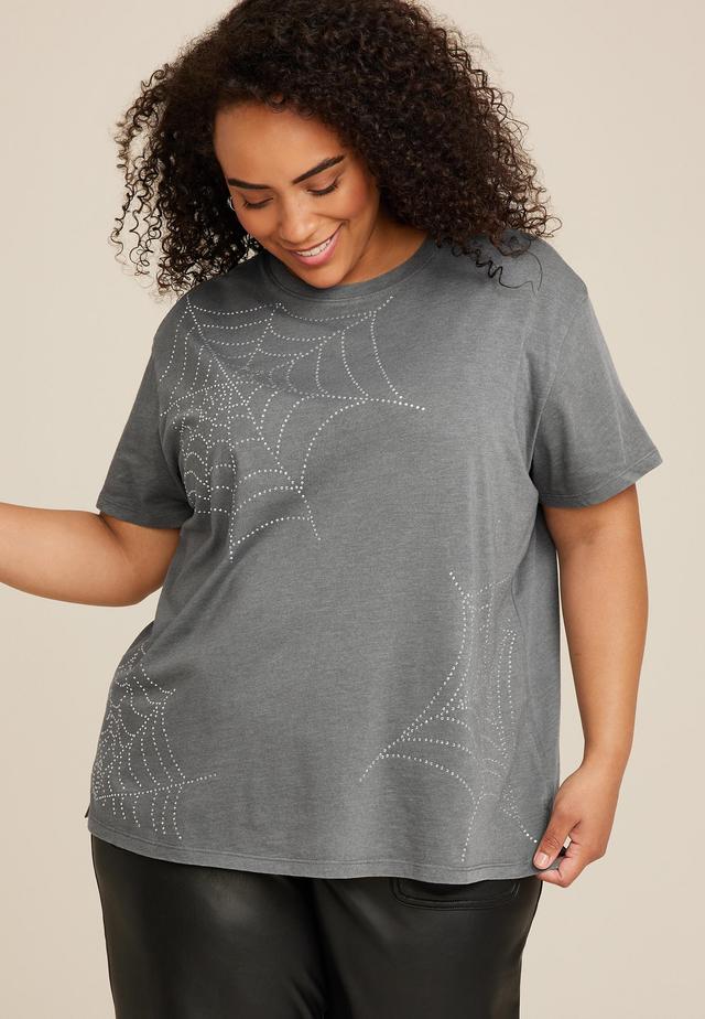 Maurices 4X Plus Size Womens Edgely Rhinestone Embellished Spider Web Tee Gray Product Image