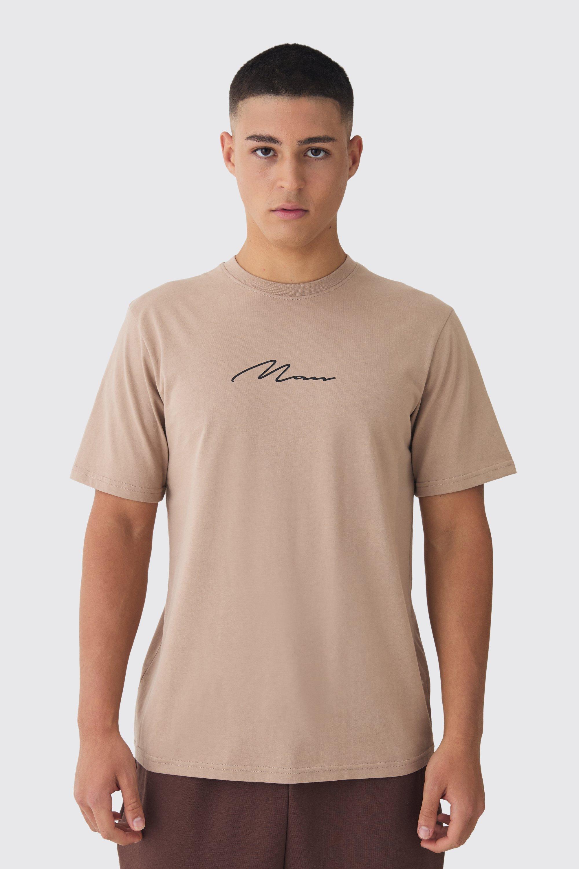 Mens Beige Man Signature Crew Neck Basic T-shirt, Beige Product Image