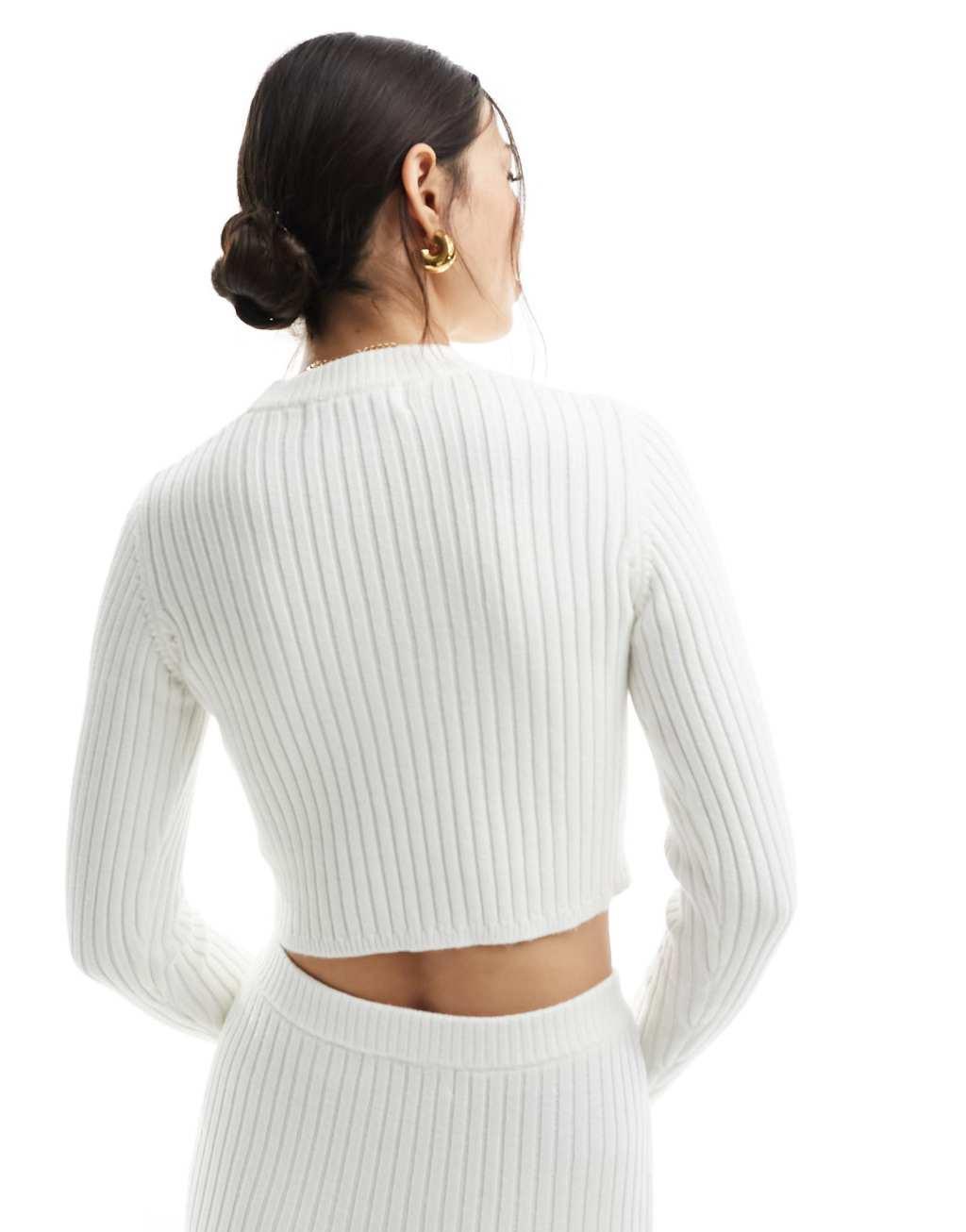 Bershka ribbed knit crew neck sweater in ecru - part of a set Product Image