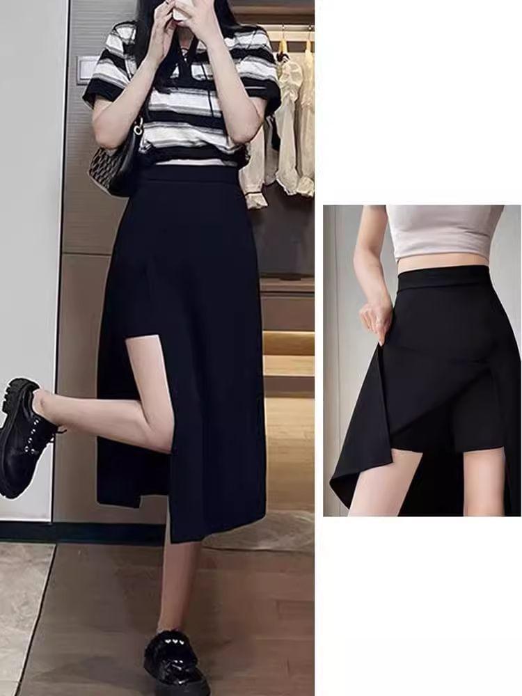 High Waist Plain Side-Slit Skort Product Image