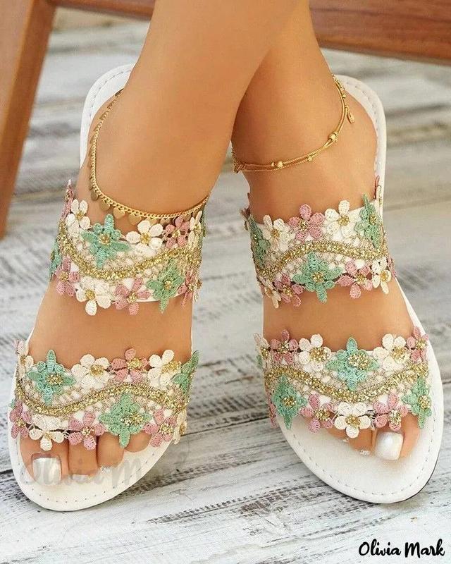 Olivia Mark – Luxurious Floral Lace Double Strap Summer Sandals Product Image