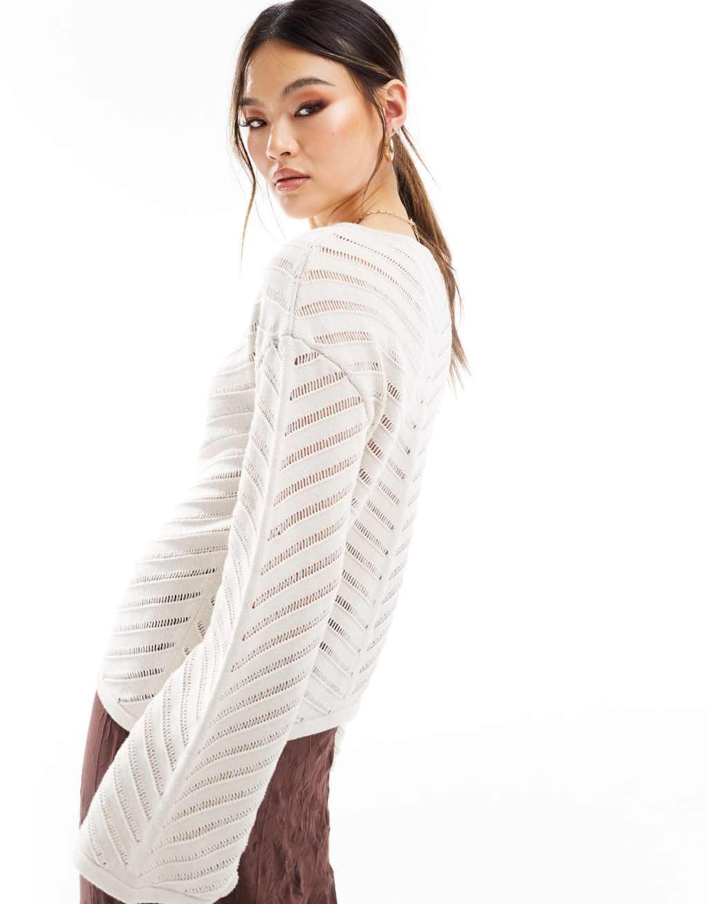 NA-KD laddered knit sweater in off white Product Image