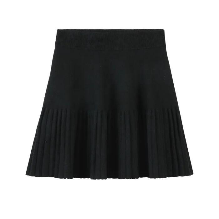 High Waist Plain Pleated Knit Mini A-Line Skirt Product Image