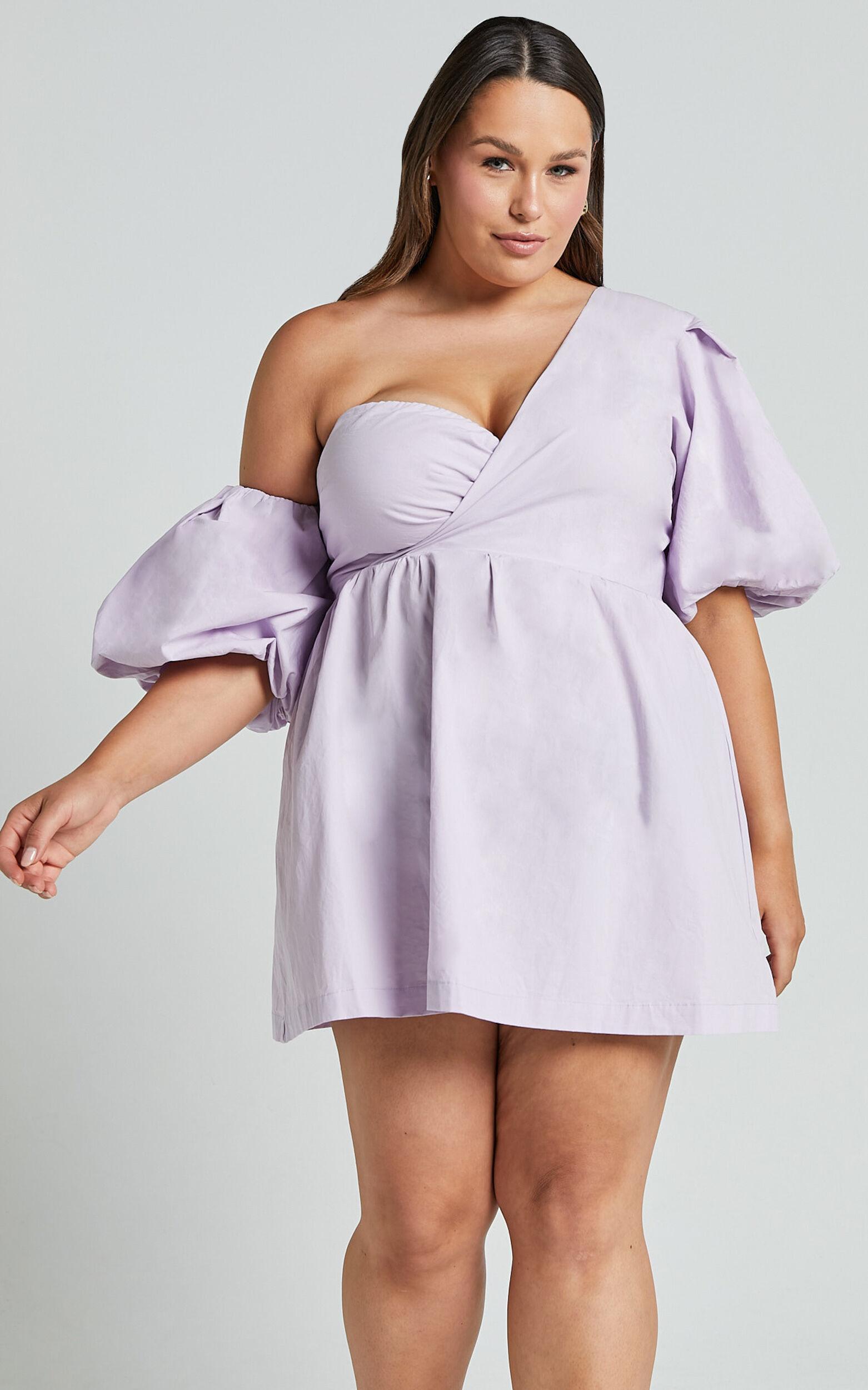 Sula Mini Dress - Asymmetric Off One Shoulder Puff Sleeve Dress in Lilac Product Image