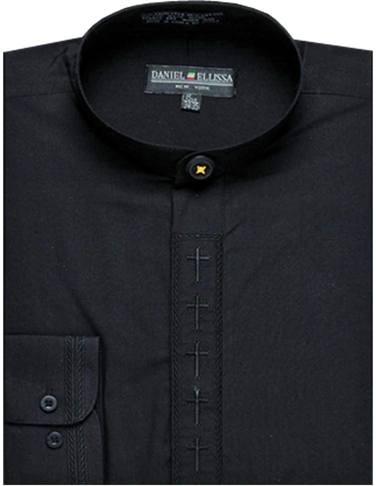 Men's Banded Collar Embroidered Convertible Cuff Shirt in Black/Black product image