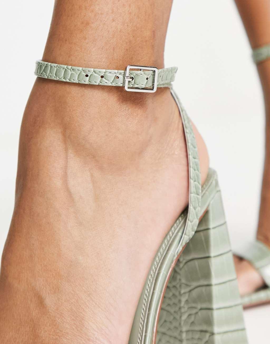 ASOS DESIGN Nora barely there block heeled sandals in sage green croc Product Image