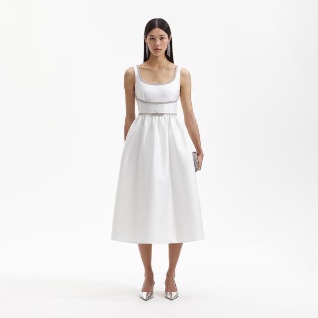 White Taffeta Diamante Bow Midi Dress Product Image