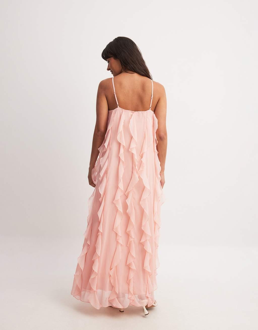 NA-KD structured chiffon ruffle maxi dress in pink Product Image