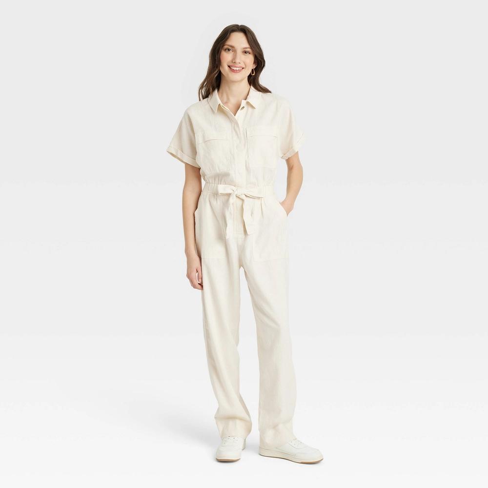 Womens Short Sleeve Linen Boilersuit - Universal Thread Cream 16 Product Image