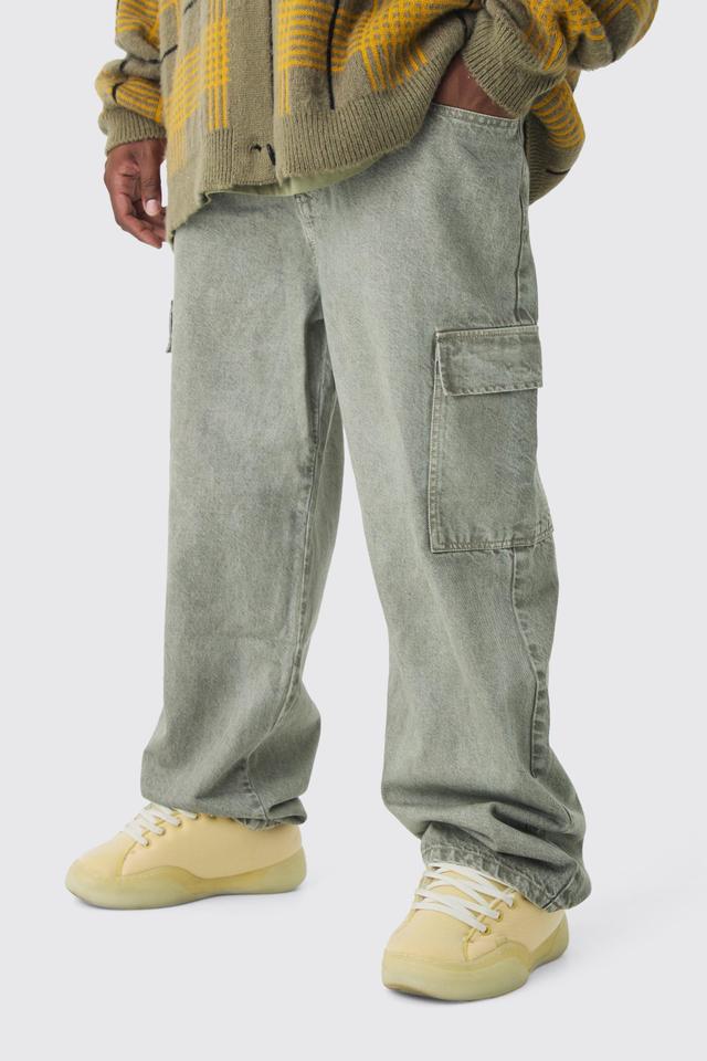 Plus Overdye Relaxed Fit Cargo Jeans | boohooMAN USA Product Image