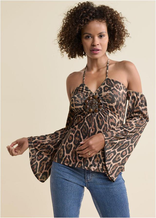 Halter Tie Animal Print Top - Brown & Black Product Image