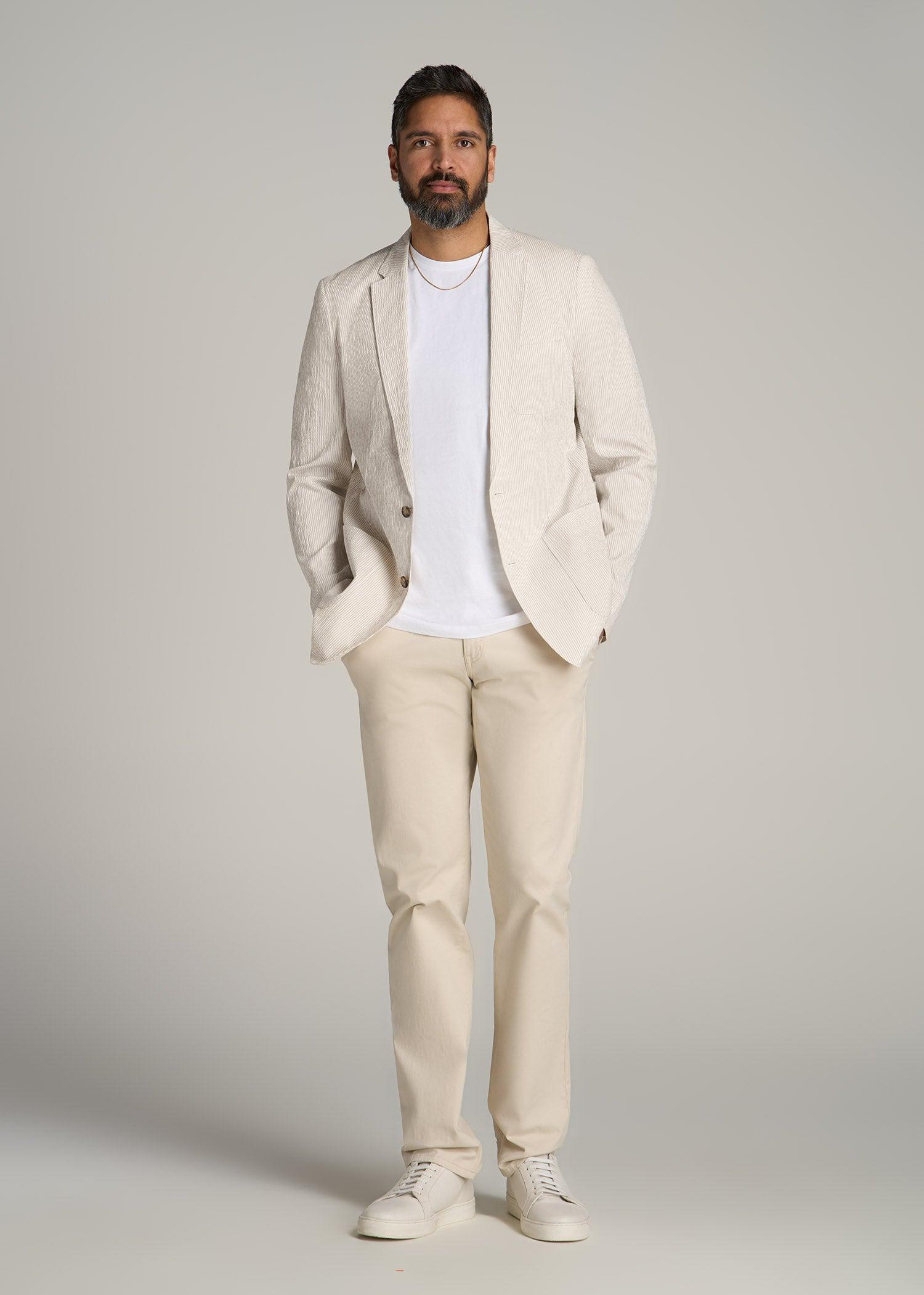 Stretch Seersucker Blazer for Tall Men in Off White and Beige Stripe Product Image