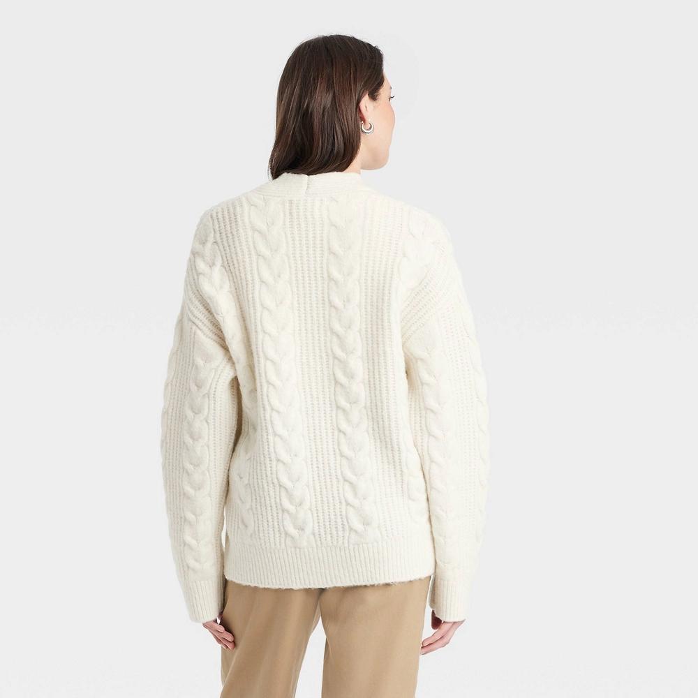 Women's Cozy Knit Cable Stitch Cardigan - Universal Thread™ Cream M Product Image