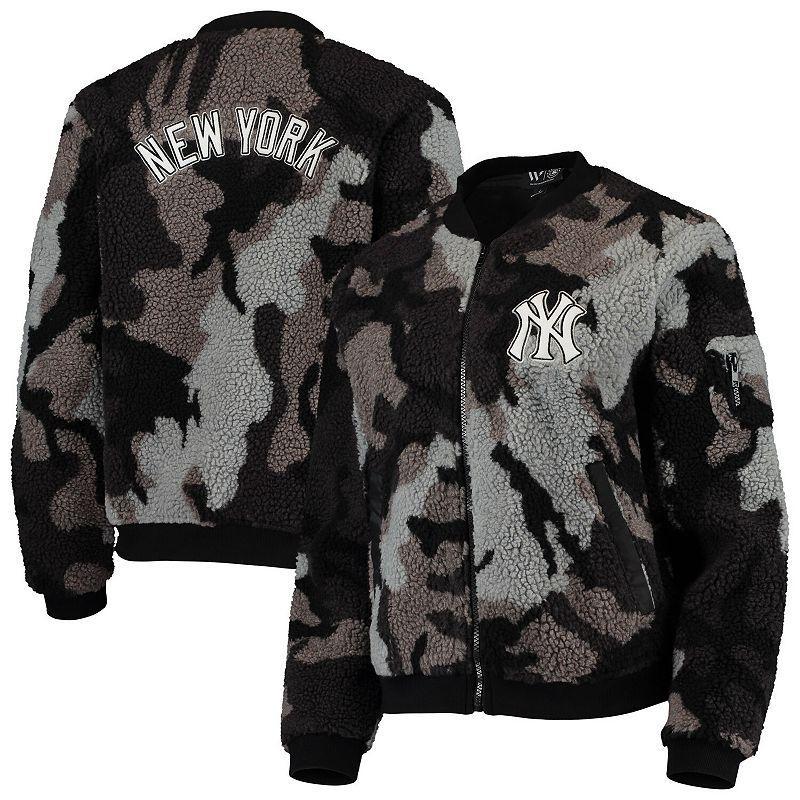 Womens The Wild Collective Black New York Yankees Camo Sherpa Full-Zip Bomber Jacket Product Image