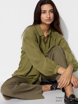 Womens Soft Lawn Gathered Blouse Olive Medium UNIQLO US Product Image