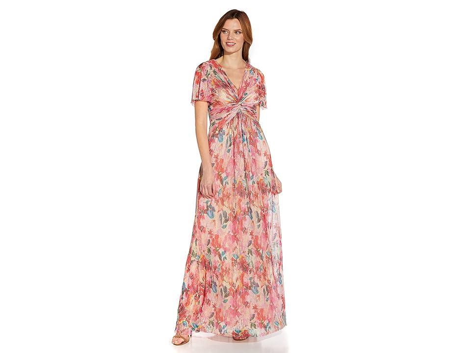 Adrianna Papell Metallic Floral Print Pleated Twist V-Neck Short Flutter Sleeve Gown Product Image