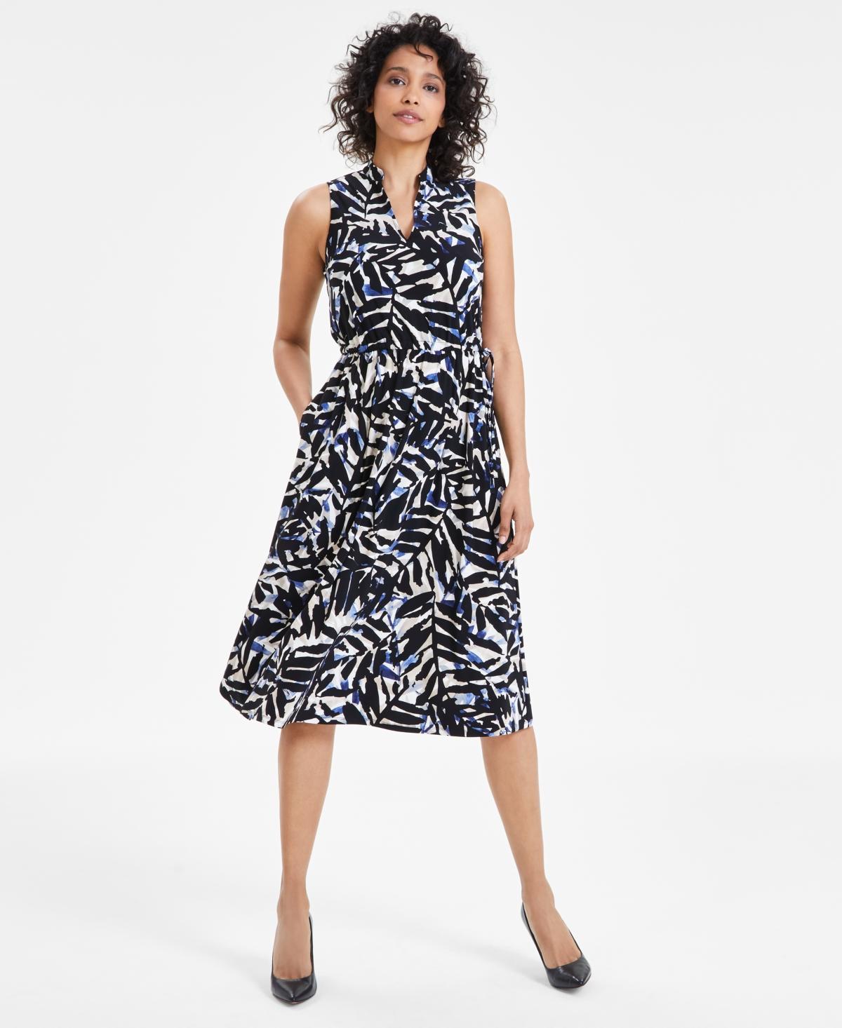 Anne Klein Womens Jenna Printed Drawstring Waist Midi Dress - Blue Jay Product Image