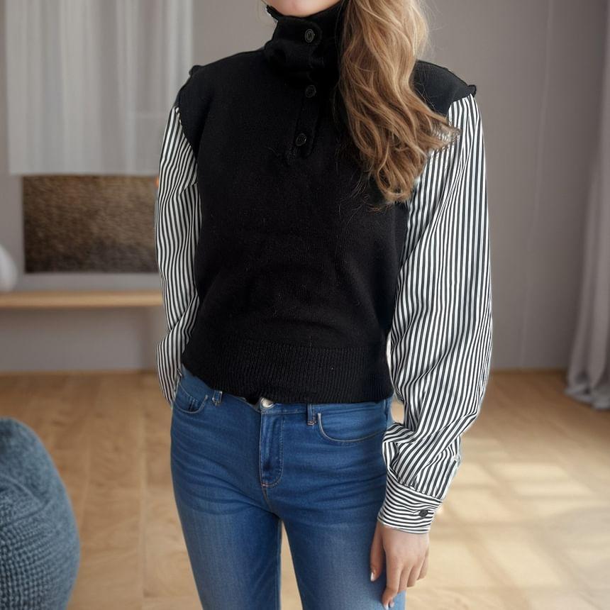 Long-Sleeve Turtleneck Mock Two-Piece Striped Panel Knit Top Product Image