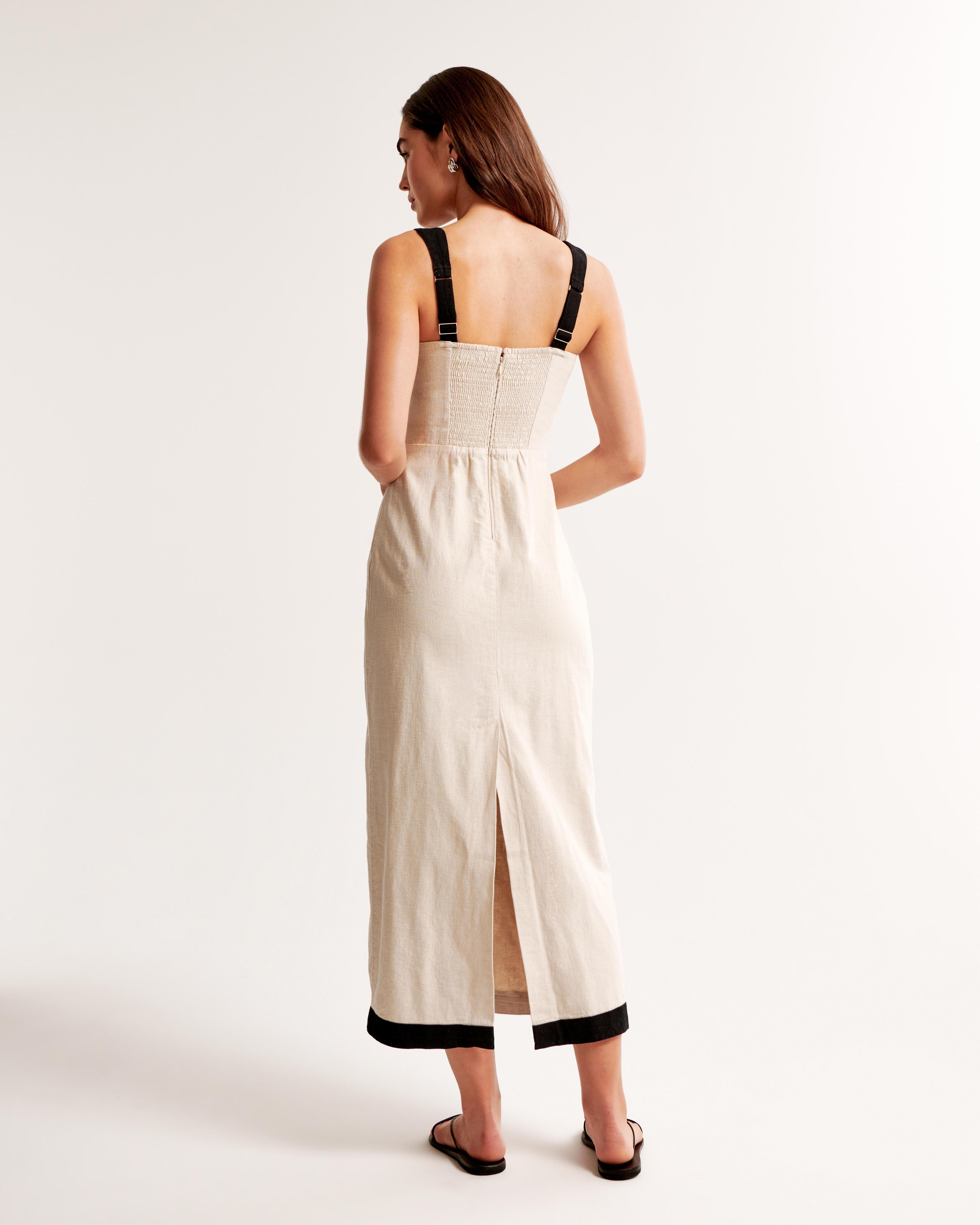 Linen-Blend Squareneck Column Midi Dress Product Image