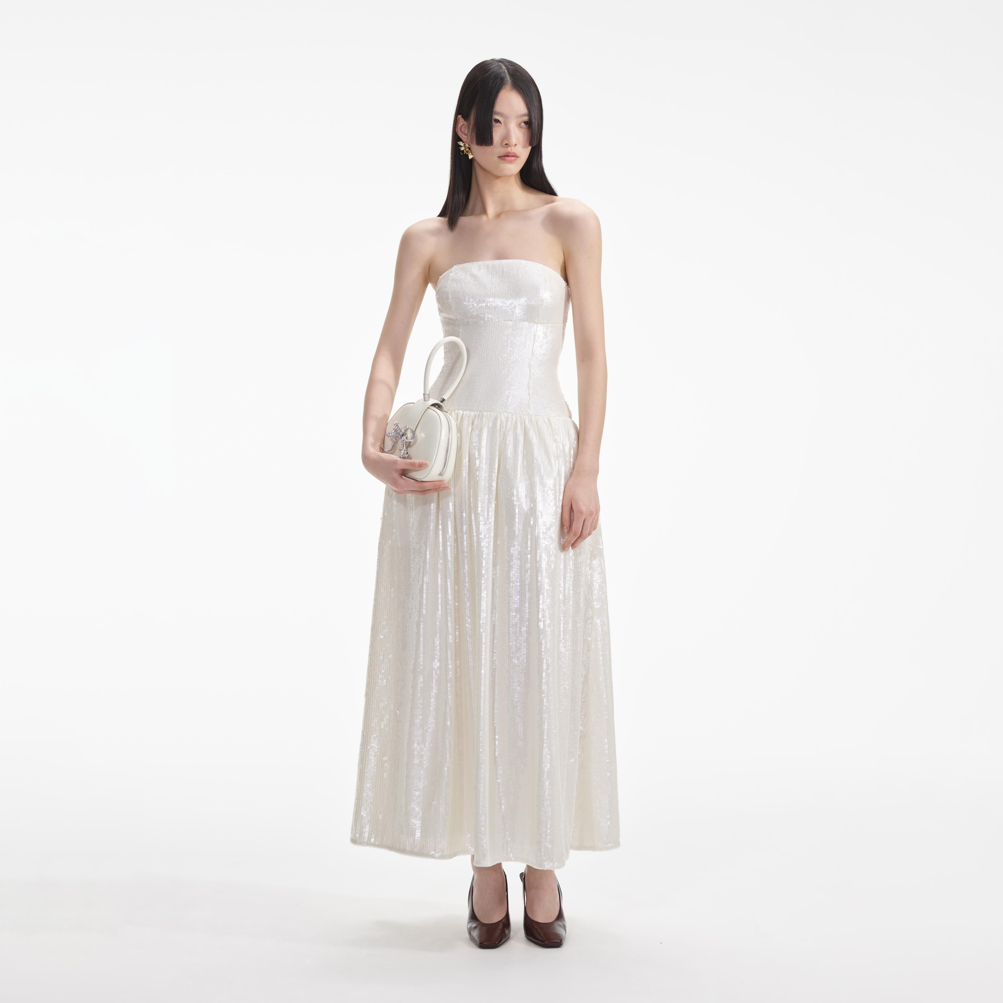 Cream Sequin Bandeau Midi Dress Product Image