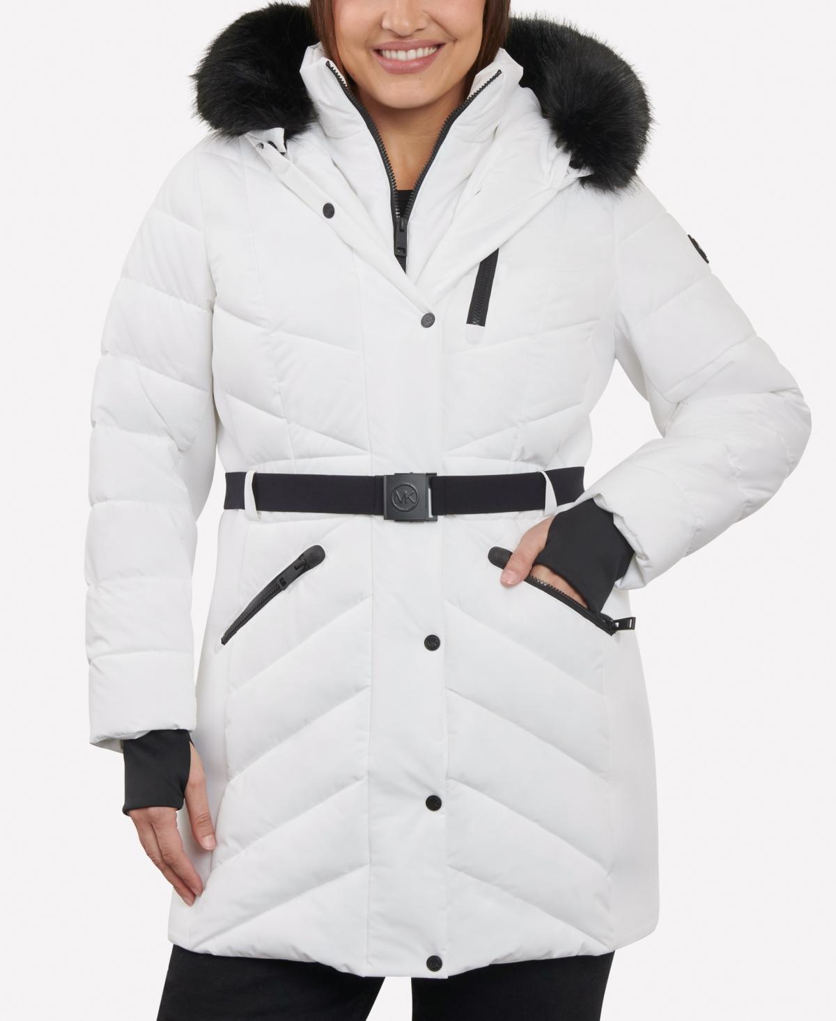 Michael Michael Kors Womens Plus Size Belted Faux-Fur-Trim Hooded Puffer Coat Product Image